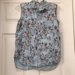 Denim Floral Button-Down Sleeveless Shirt